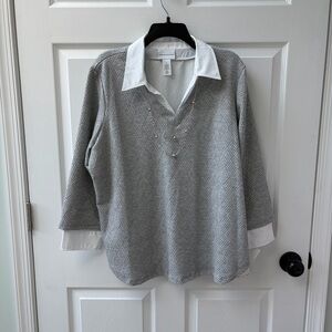 Alfred Dunner Light Gray Jacquard Two in One Top with Necklace XL